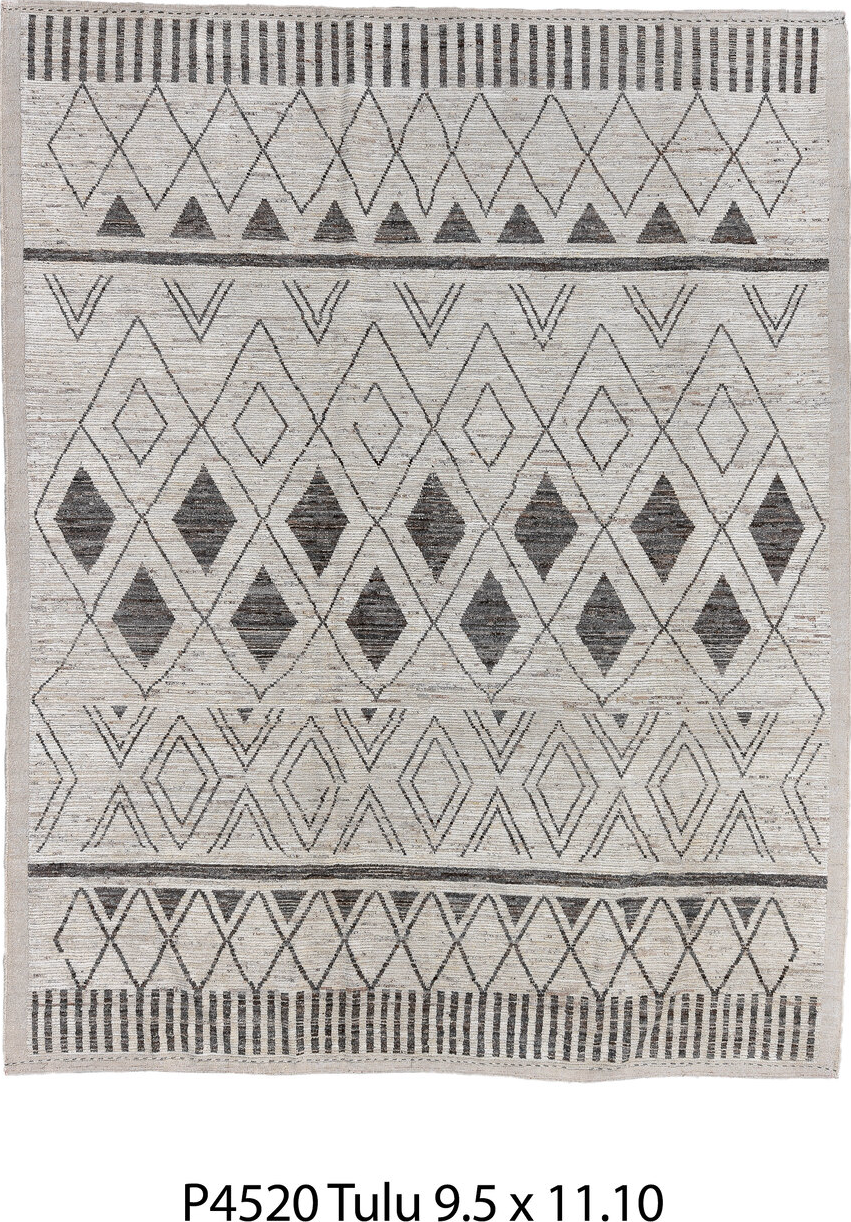 9' x 11' one-of-a-kind handmade vintage Tulu large size rug. Color palette: black, charcoal, dim gray, gray, light gray