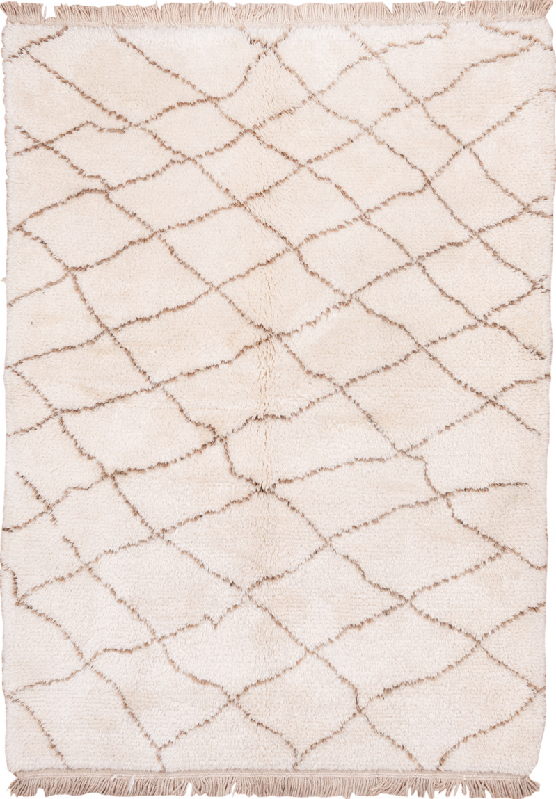 5' x 7' one-of-a-kind handmade vintage Moroccan rug. Color palette: brown, floral white, gainsboro, gray, lavender blush