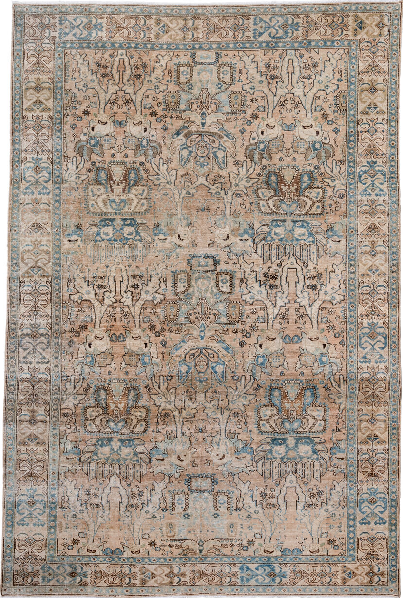 7' x 10' one-of-a-kind handmade vintage Ardebil large size rug. Color palette: black, blue, brown, charcoal, gray