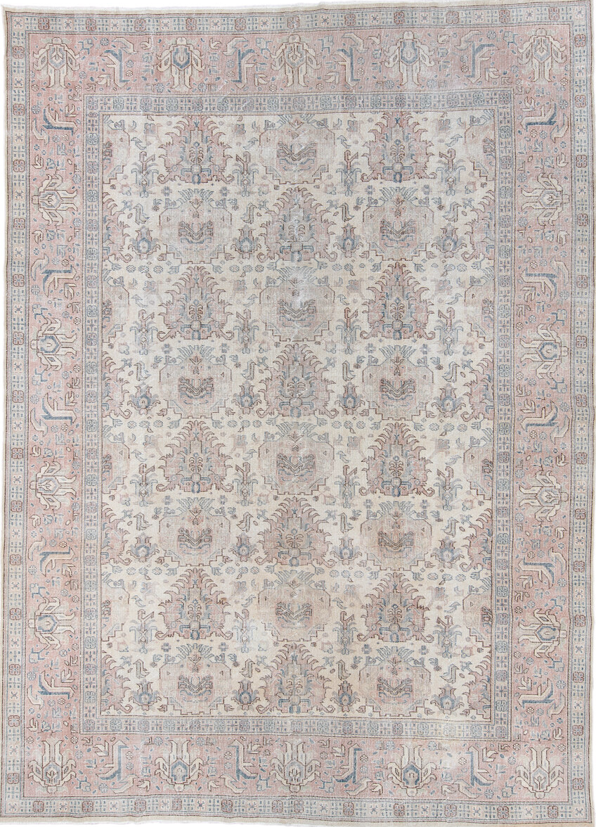 8' x 12' one-of-a-kind handmade vintage Sparta large size rug. Color palette: beige, black, charcoal, dark gray, dim gray