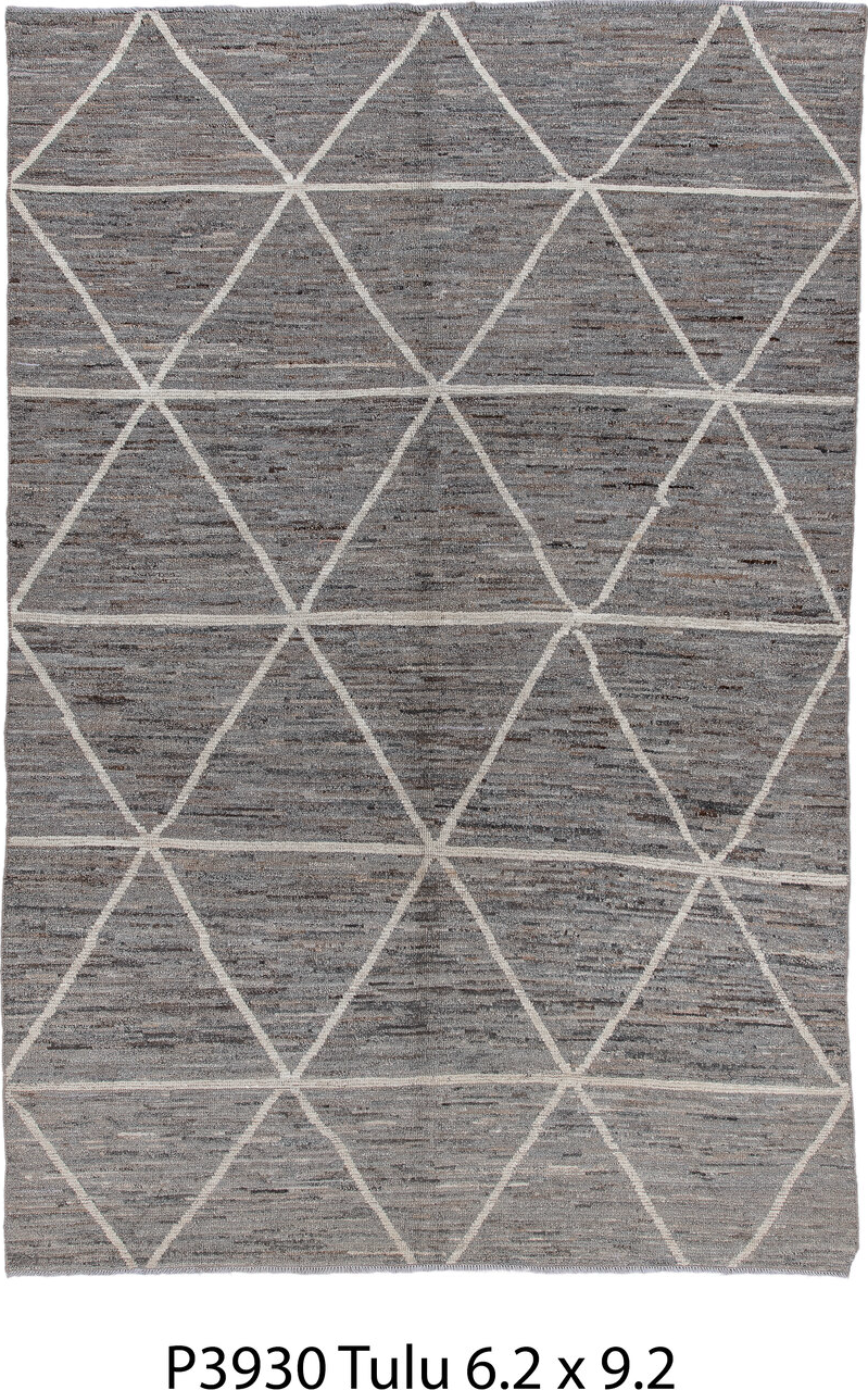 6' x 9' one-of-a-kind handmade vintage Tulu medium size rug. Color palette: black, charcoal, dark gray, dim gray, gainsboro