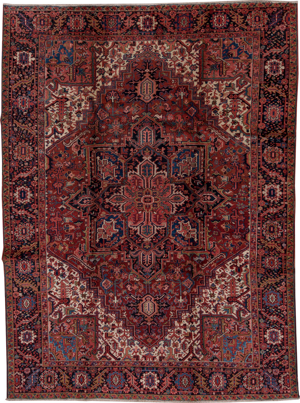 8' x 10' one-of-a-kind handmade vintage Heriz large size rug. Color palette: black, blue, brown, fiord, gray, pink, red