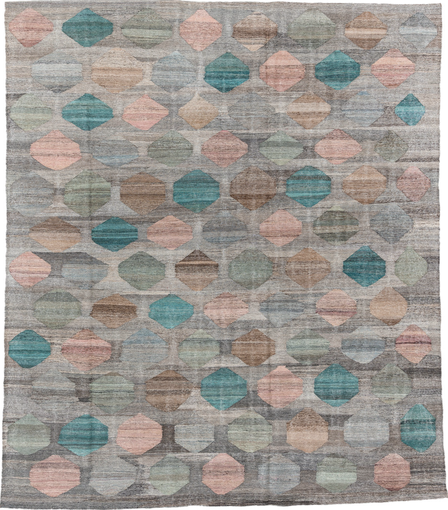 8' x 9' one-of-a-kind handmade vintage Kilim rug. Color palette: blue, brown, dark gray, dim gray, gainsboro, gray