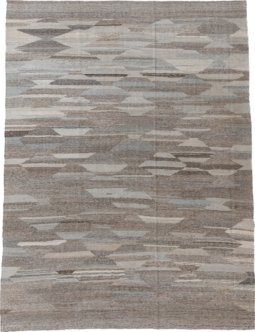 8' x 12' one-of-a-kind handmade vintage Kilim large size rug. Color palette: black, charcoal, dark gray, dim gray, gray