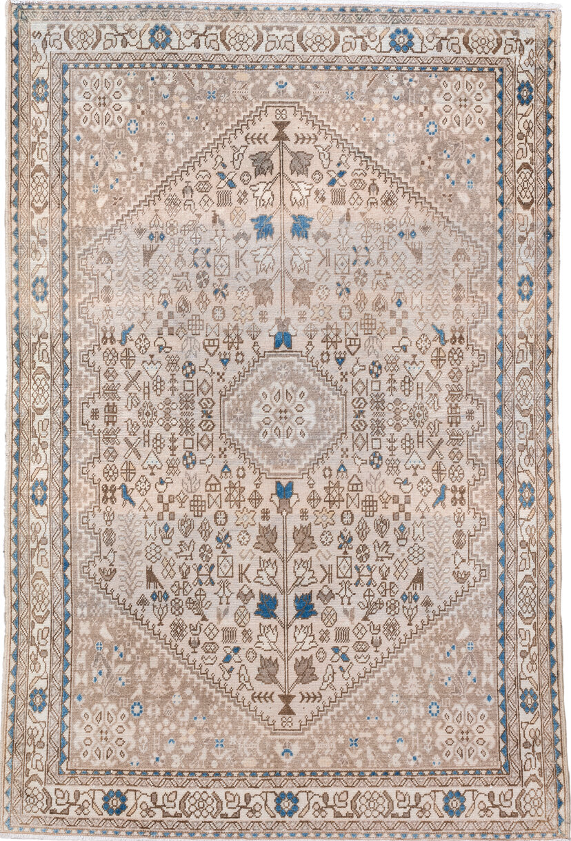 3' x 5' one-of-a-kind handmade vintage Joshegan small size rug. Color palette: antiquewhite, blue, brown, gainsboro, gray