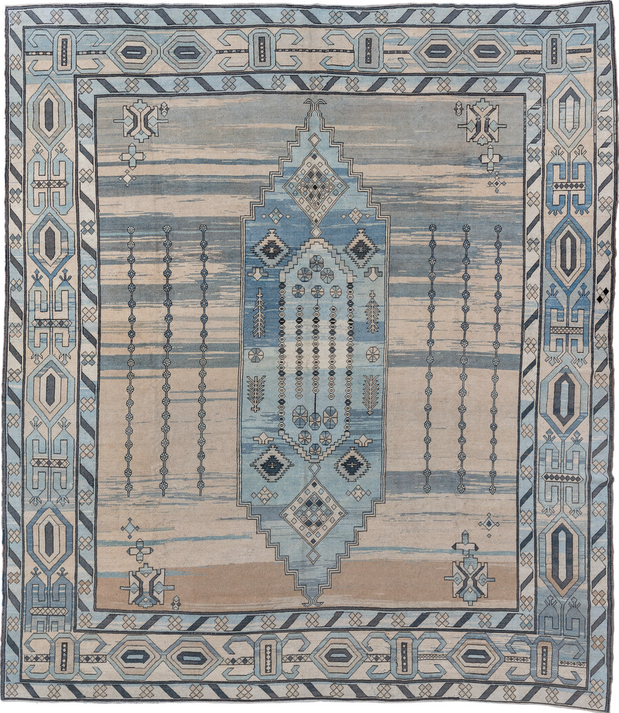 12' x 14' one-of-a-kind handmade vintage Kars oversize rug. Color palette: gray, light gray, off-white, blue, black, silver
