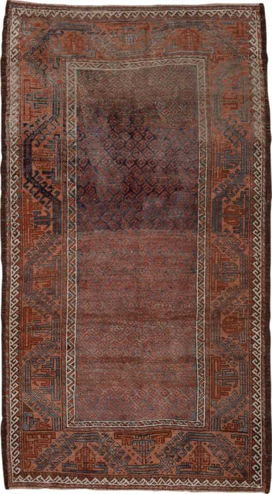 3' x 6' one-of-a-kind handmade vintage Belouch small size rug. Color palette: brown, gray, light gray, pink, red, redwood