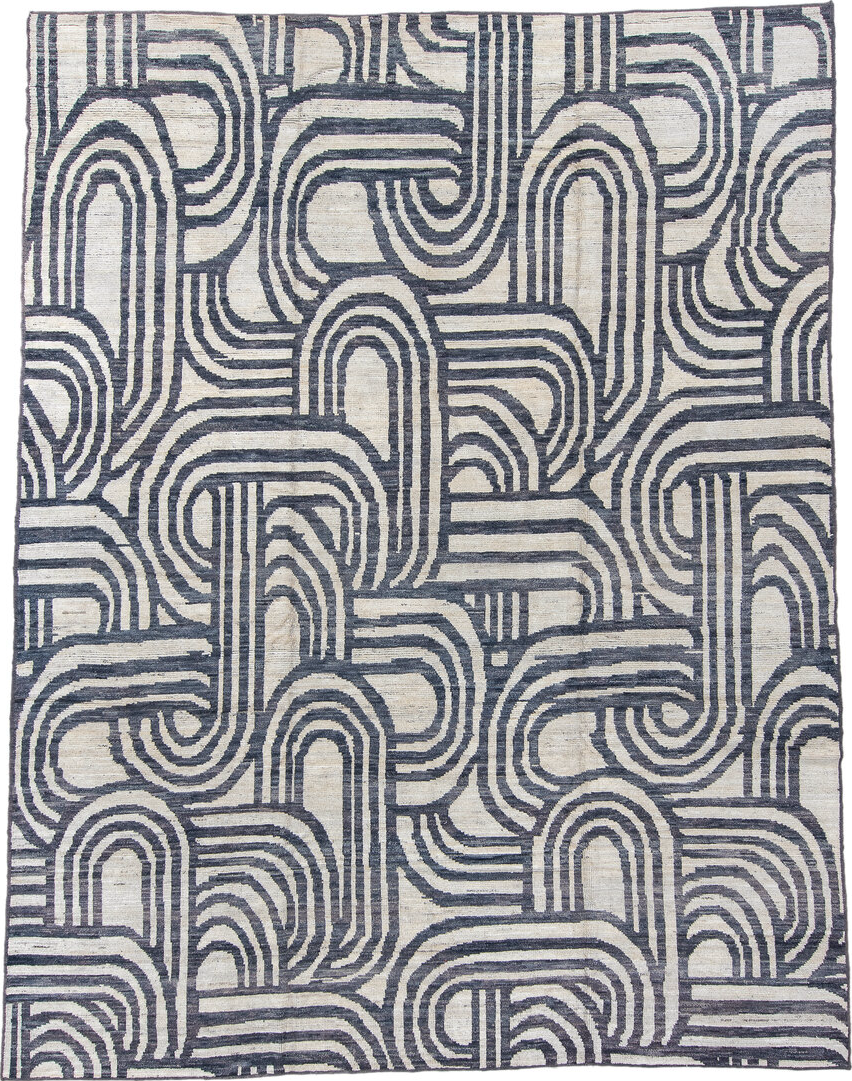 9' x 11' one-of-a-kind handmade vintage Tulu large size rug. Color palette: black, blue, charcoal, dark gray, gray