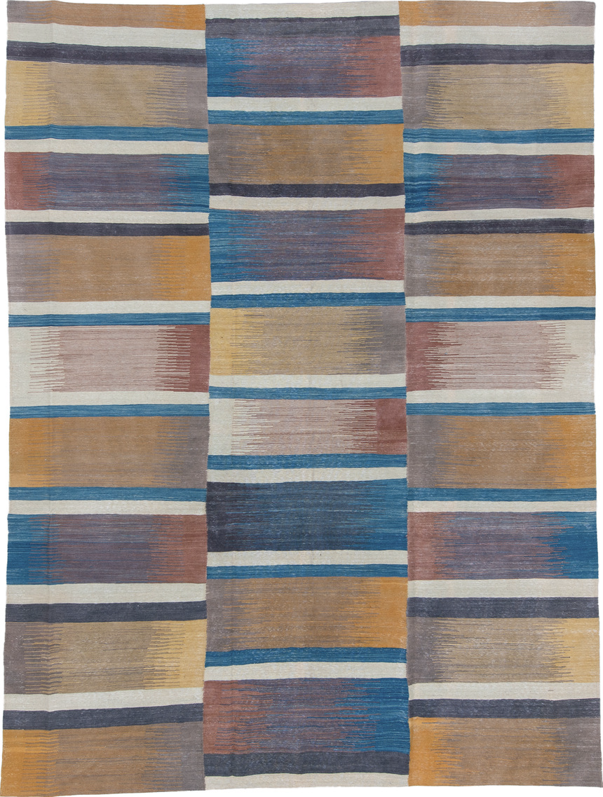 8' x 12' one-of-a-kind handmade vintage Kilim large size rug. Color palette: black, blue, brown, gray, light blue