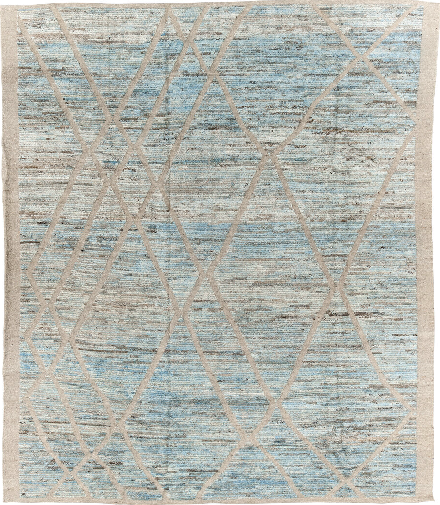 8' x 9' one-of-a-kind handmade vintage Tulu rug. Color palette: black, blue, brown, dark gray, gainsboro, gray, light blue