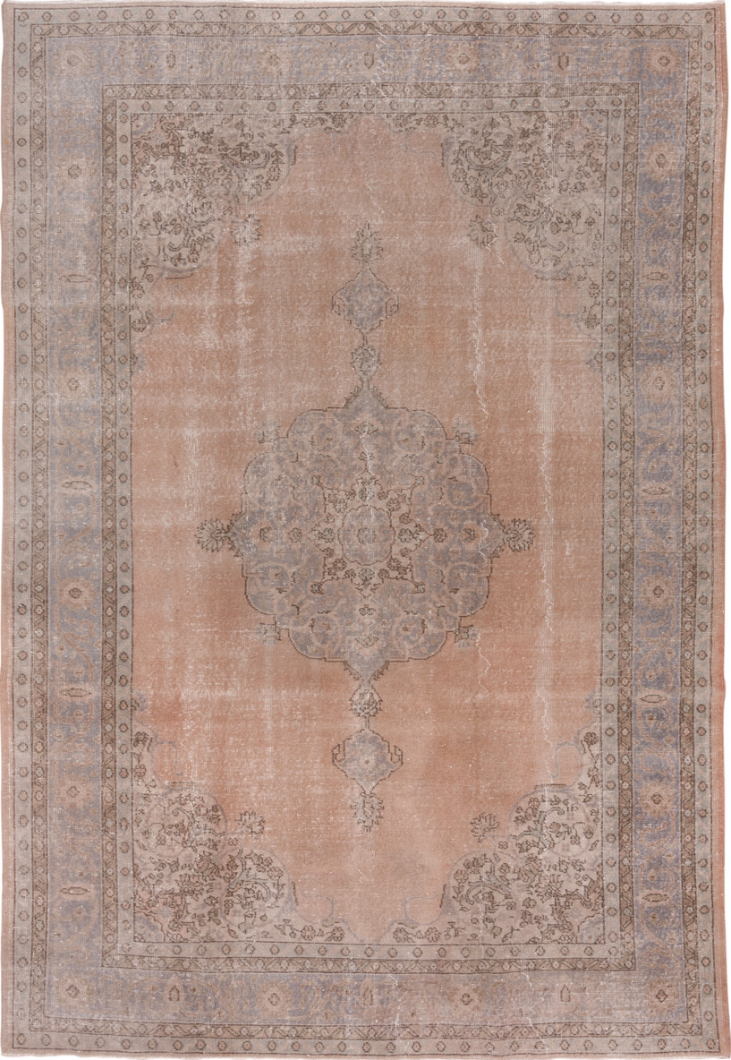 7' x 10' one-of-a-kind handmade vintage Oushak large size rug. Color palette: gray, light gray, off-white, pink
