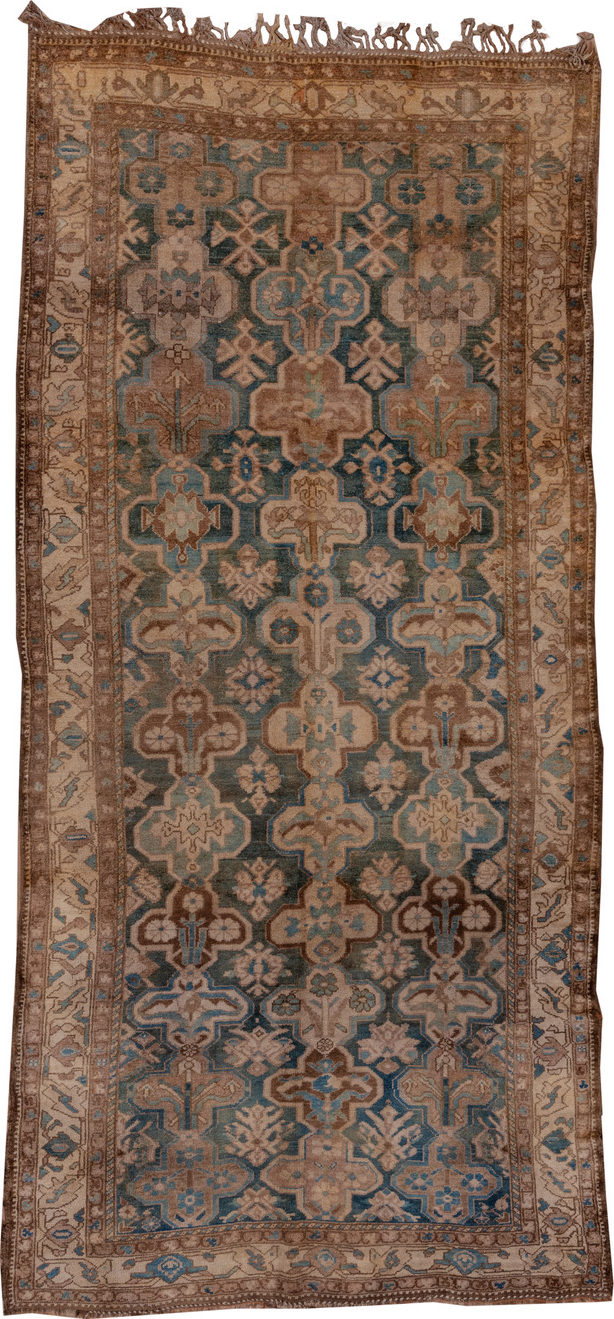 5' x 12' one-of-a-kind handmade vintage Baktiary rug. Color palette: black, blue, brown, charcoal, gray, light gray, pink