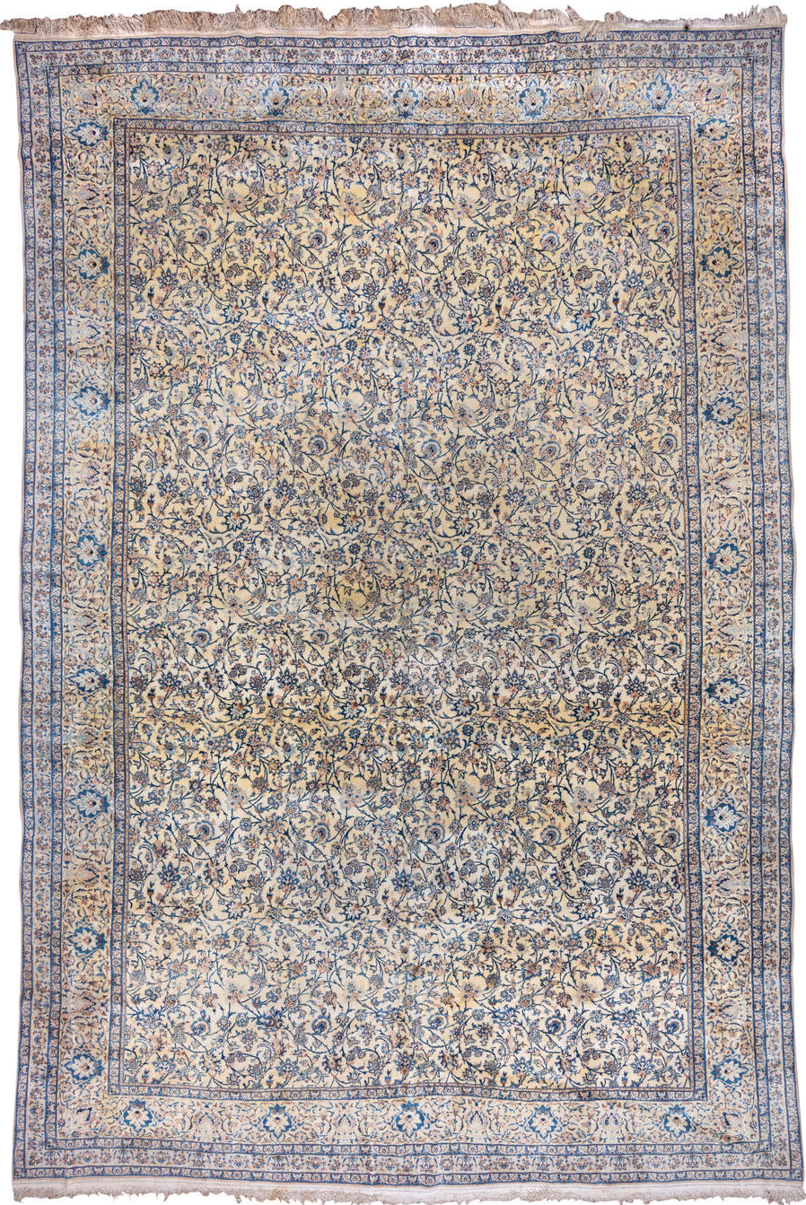 13' x 19' one-of-a-kind handmade vintage Naiin oversize rug. Color palette: antiquewhite, black, blue, brown, charcoal