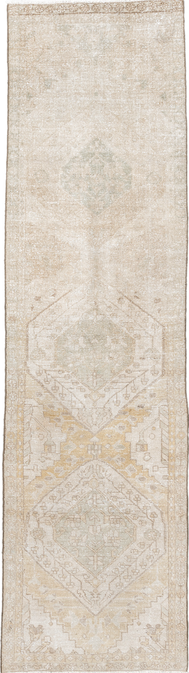 2' x 10' one-of-a-kind handmade vintage Karaje runner rug. Color palette: antiquewhite, brown, gainsboro, gray, light gray