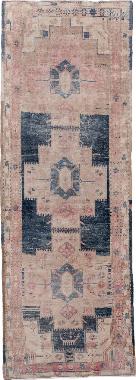 3' x 10' one-of-a-kind handmade vintage Meshkin runner rug. Color palette: black, blue, brown, gray, light gray