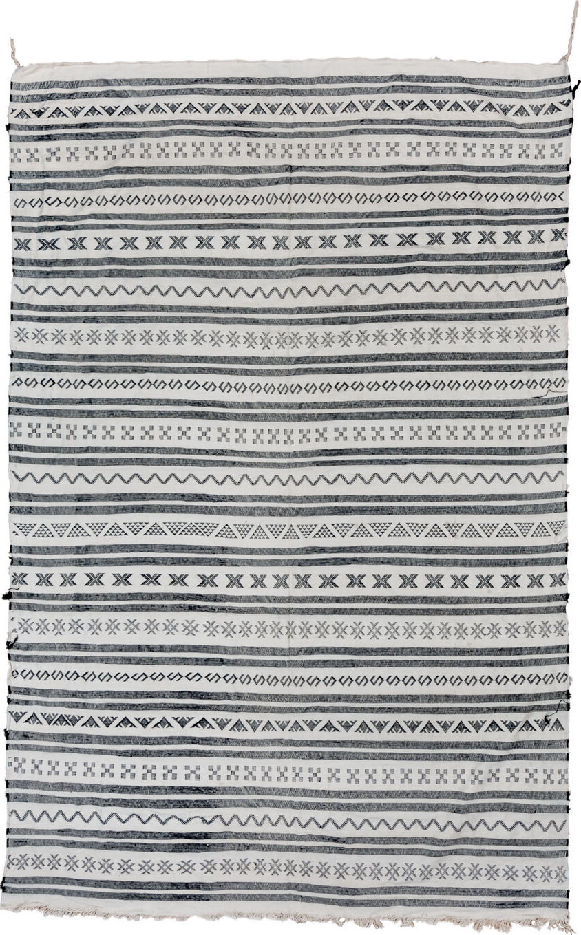 6' x 9' one-of-a-kind handmade vintage Cactus Kilim medium size rug. Color palette: black, blue, dark gray, dim gray