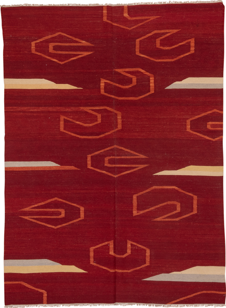 5' x 8' one-of-a-kind handmade vintage Kilim medium size rug. Color palette: brown, off-white, pink, red, snow, white