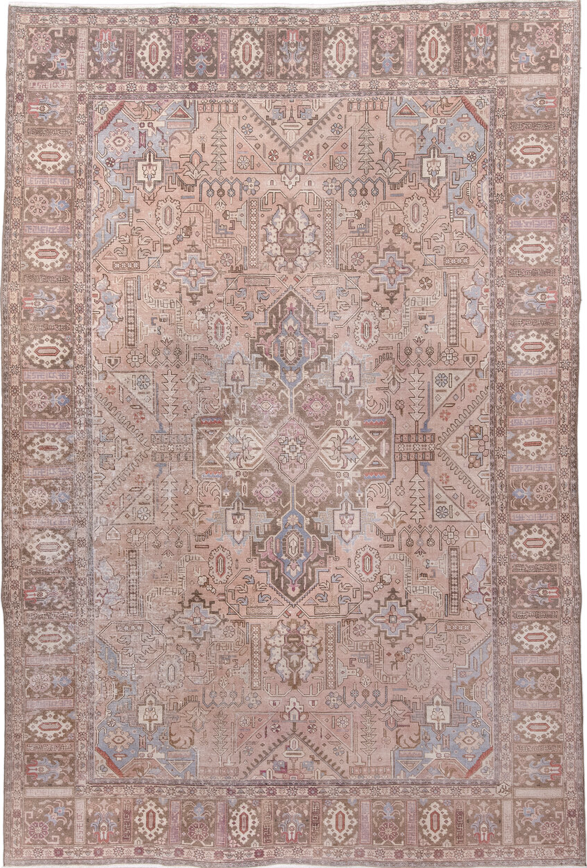 7' x 11' one-of-a-kind handmade vintage Heriz large size rug. Color palette: brown, gray, light gray, off-white, pink