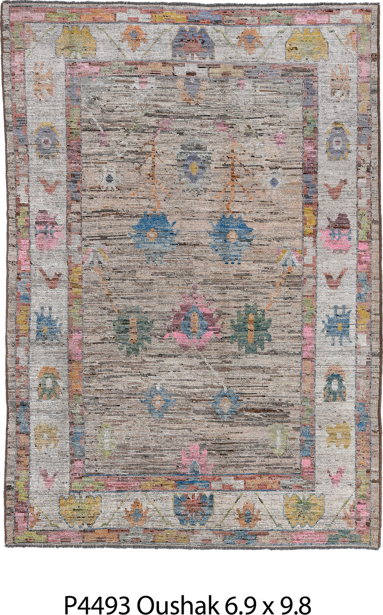 6' x 9' one-of-a-kind handmade vintage Oushak medium size rug. Color palette: black, blue, brown, burlywood, charcoal