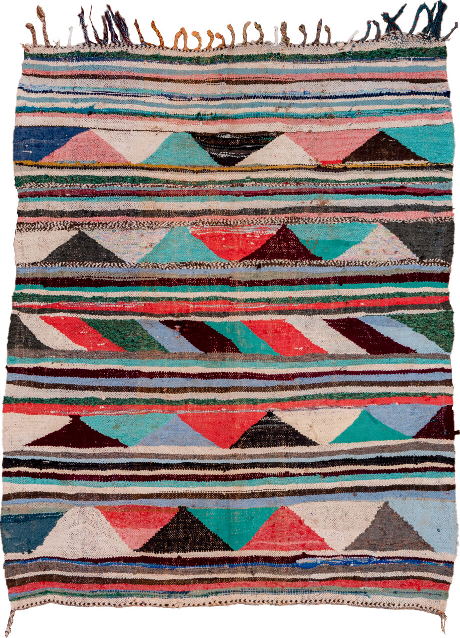 4' x 5' one-of-a-kind handmade vintage Rag Rug small size rug. Color palette: black, blue, brown, cadet blue, dark cyan