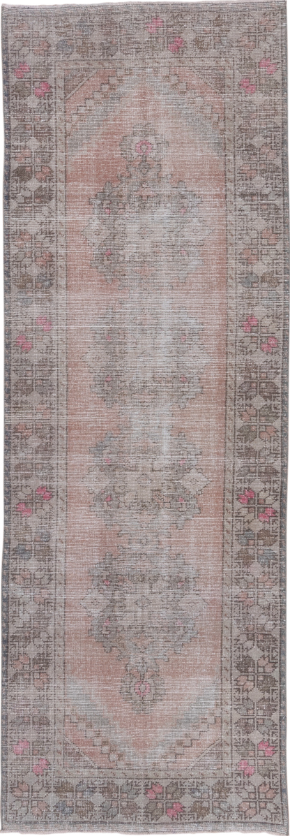 3' x 9' one-of-a-kind handmade vintage Oushak runner rug. Color palette: dark gray, dim gray, gray, light gray, off-white