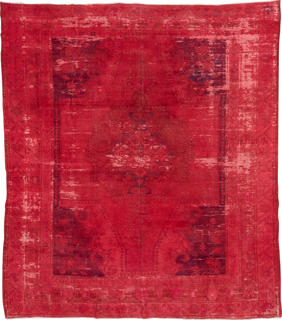 8' x 9' one-of-a-kind handmade vintage Overdyed rug. Color palette: brown, burgundy, indian red, light coral, light gray