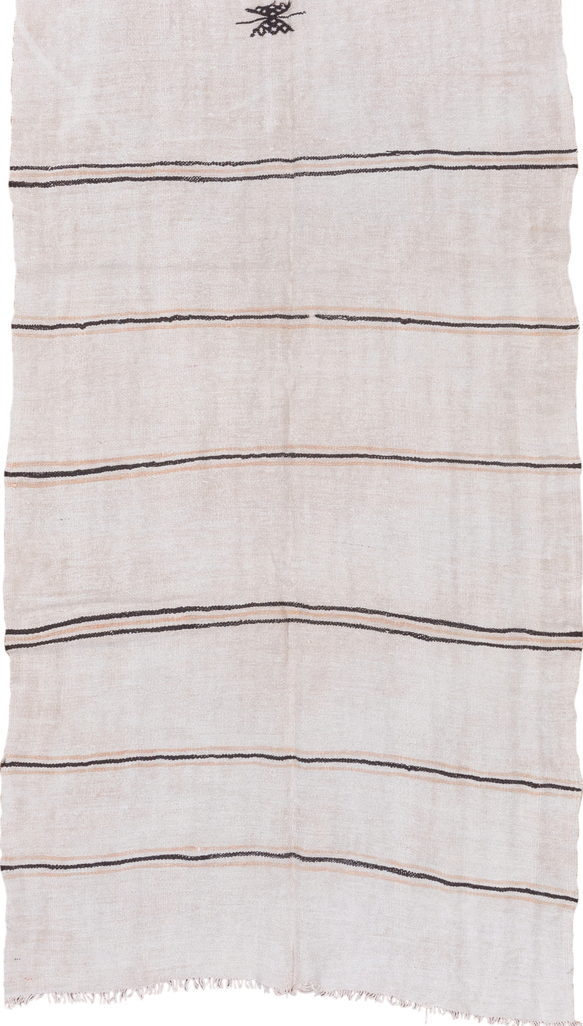 5' x 11' one-of-a-kind handmade vintage Hemp Kilim runner rug. Color palette: brown, dim gray, gainsboro, gray, light gray