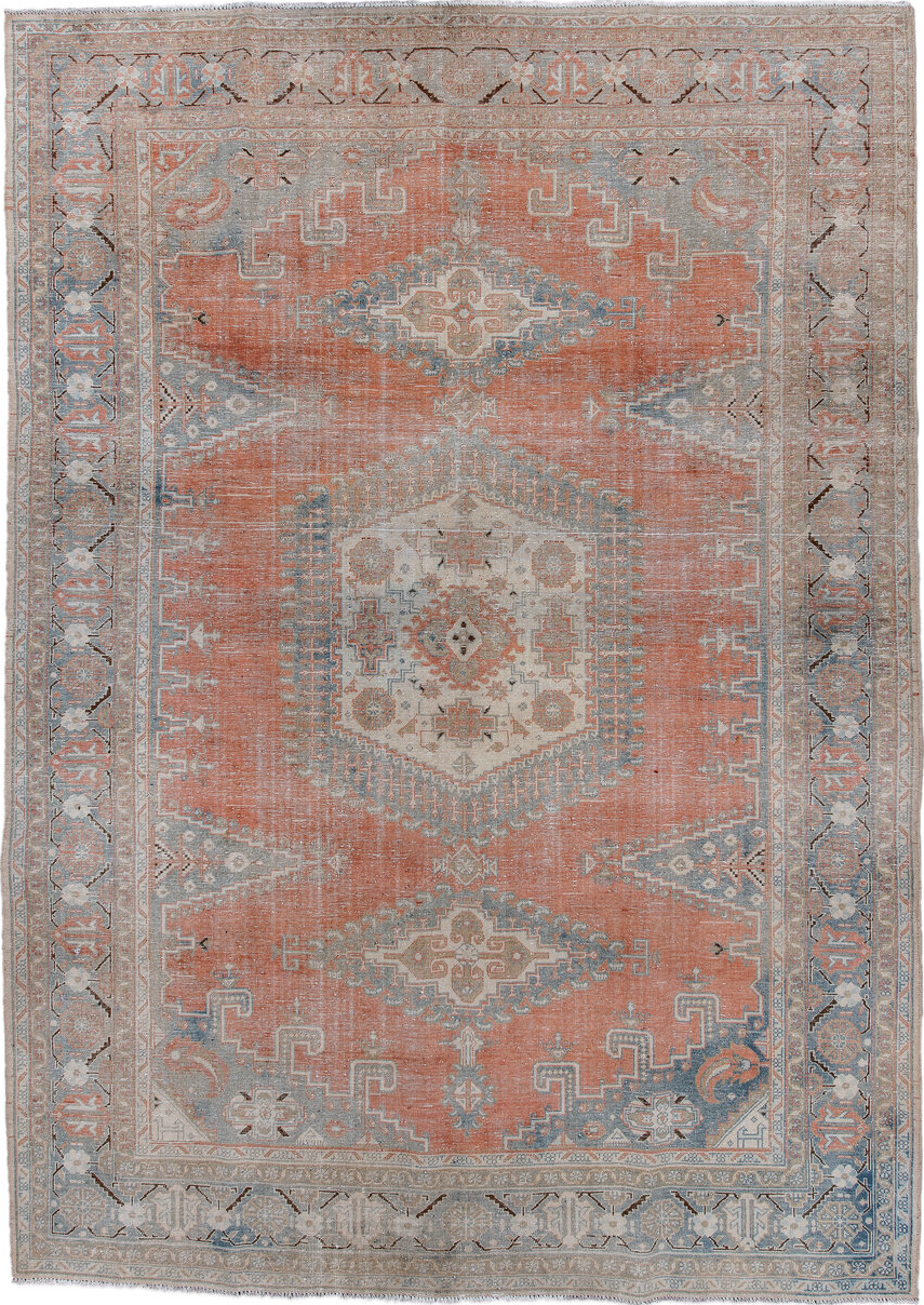7' x 10' one-of-a-kind handmade vintage Veece large size rug. Color palette: blue, brown, dim gray, gainsboro, gray