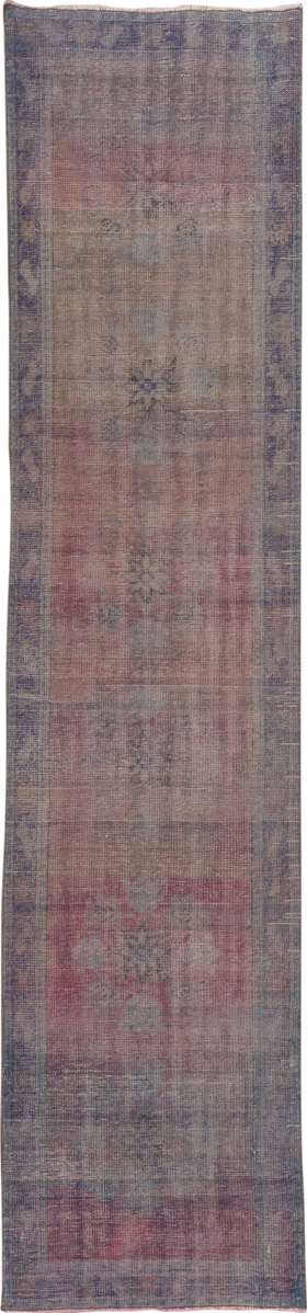 2' x 11' one-of-a-kind handmade vintage Overdyed runner rug. Color palette: brown, gray, off-white, pink, snow, white