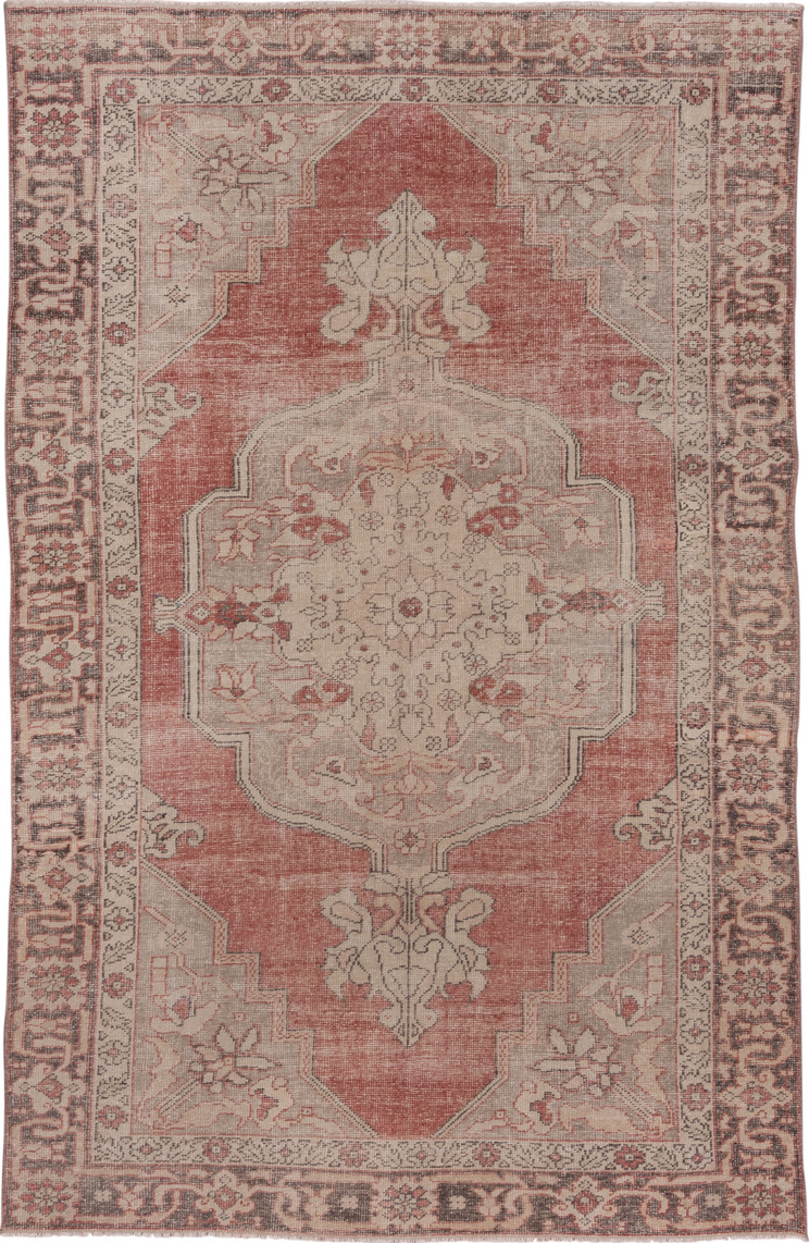 7' x 10' one-of-a-kind handmade vintage Oushak large size rug. Color palette: brown, gray, light gray, off-white, pink, red
