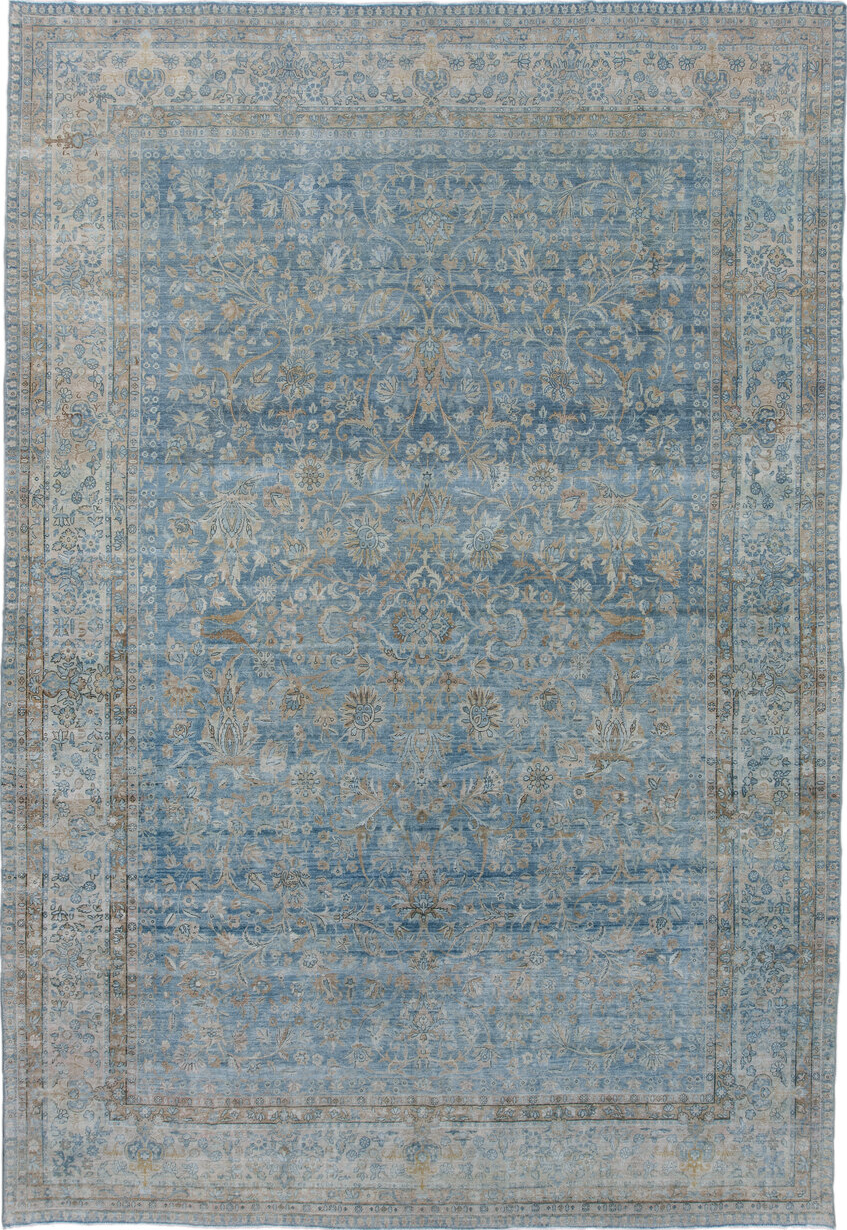 9' x 14' one-of-a-kind handmade vintage Kerman large size rug. Color palette: blue, dark gray, dim gray, gray, light blue