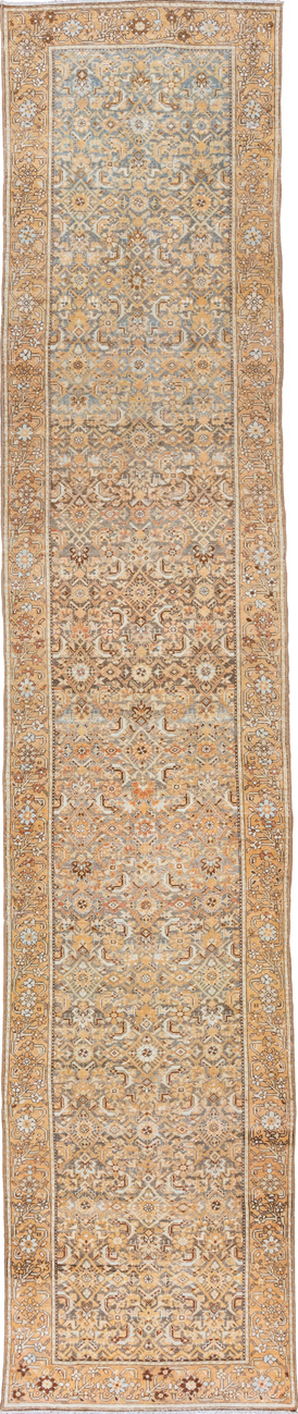 3' x 16' one-of-a-kind handmade vintage Malayer runner rug. Color palette: brown, gray, light gray, off-white, orange, pink