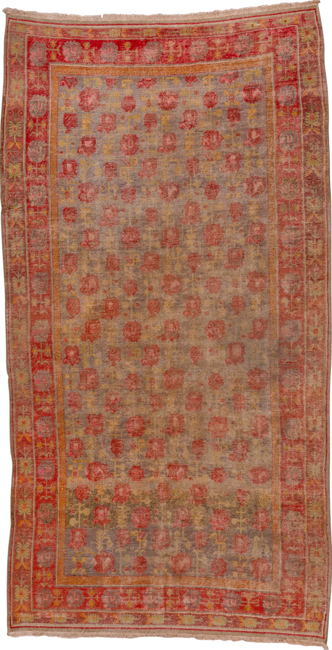 6' x 12' one-of-a-kind handmade vintage Khotan large size rug. Color palette: brown, gray, pink, red