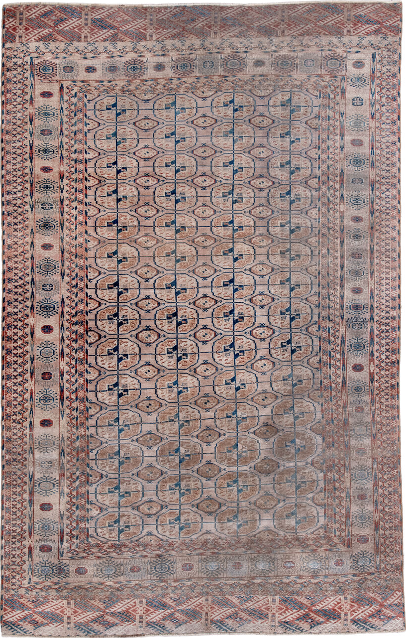 5' x 9' one-of-a-kind handmade vintage Bokara medium size rug. Color palette: black, blue, brown, dim gray, fiord, gray