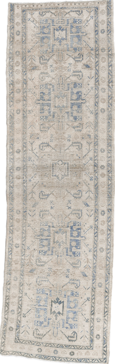 3' x 10' one-of-a-kind handmade vintage Heriz runner rug. Color palette: black, blue, charcoal, dark gray, dim gray