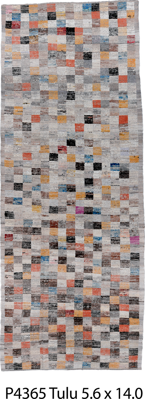 5' x 14' one-of-a-kind handmade vintage Tulu rug. Color palette: black, blue, brown, charcoal, dim gray, gray, light gray