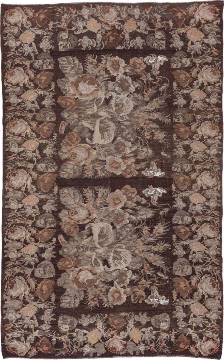 7' x 12' one-of-a-kind handmade vintage Kilim large size rug. Color palette: brown, gray, light gray, off-white, pink