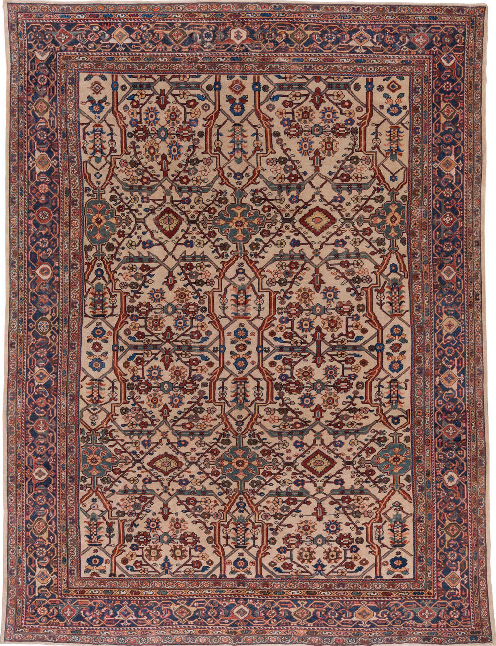 10' x 13' one-of-a-kind handmade vintage Sultanabad large size rug. Color palette: blue, brown, gray, light gray, off-white