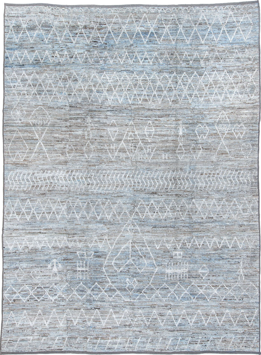 10' x 14' one-of-a-kind handmade vintage Tulu large size rug. Color palette: black, dark gray, gainsboro, gray, light blue