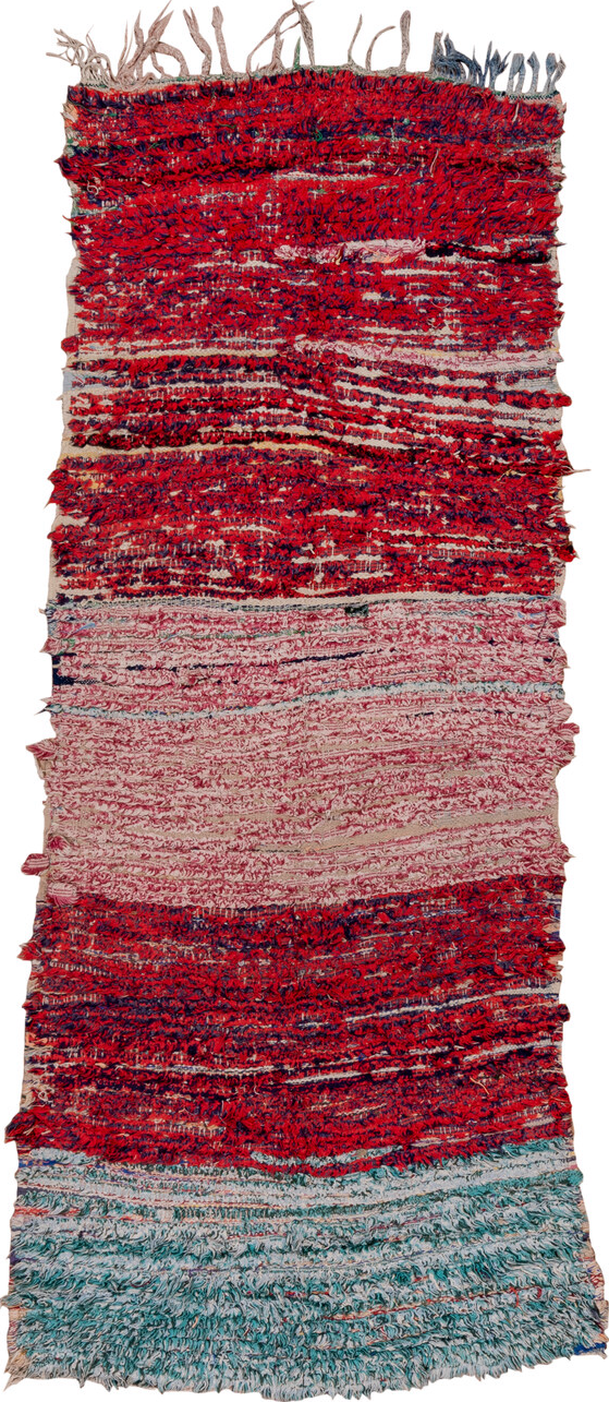 3' x 8' one-of-a-kind handmade vintage Rag Rug runner rug. Color palette: blue, brown, burgundy, dark slate gray, dim gray