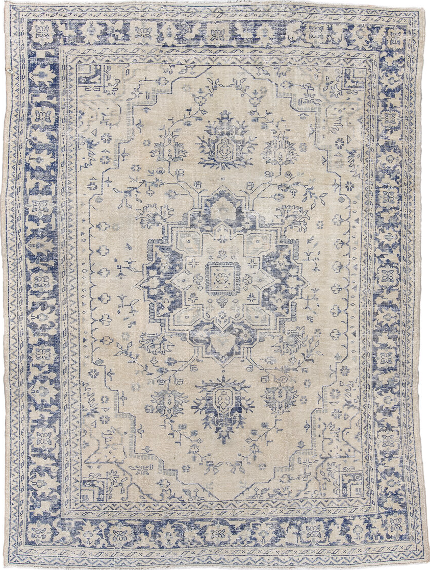 7' x 10' one-of-a-kind handmade vintage Sparta large size rug. Color palette: black, blue, charcoal, dark gray, gainsboro