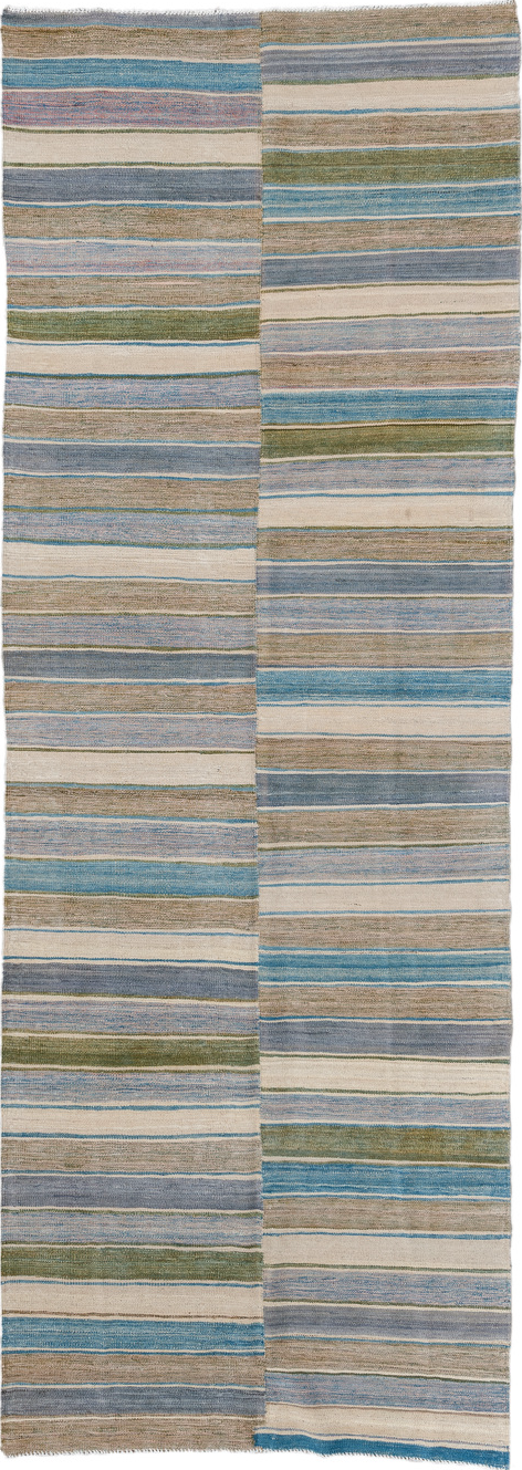 3' x 9' one-of-a-kind handmade vintage Kilim runner rug. Color palette: blue, dark gray, gray, light gray, off-white, silver