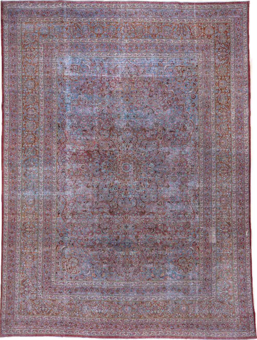 10' x 13' one-of-a-kind handmade vintage Khorassan large size rug. Color palette: blue, brown, gray, light blue, light gray