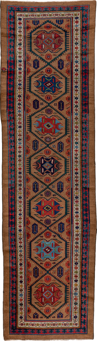 3' x 12' one-of-a-kind handmade vintage Cam Hamadan runner rug. Color palette: arapawa, blue, brown, gray, light slate gray