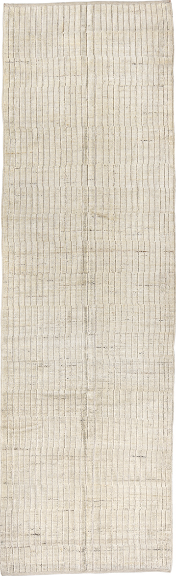 3' x 9' one-of-a-kind handmade vintage Tulu runner rug. Color palette: dark gray, gray, light gray, off-white, silver