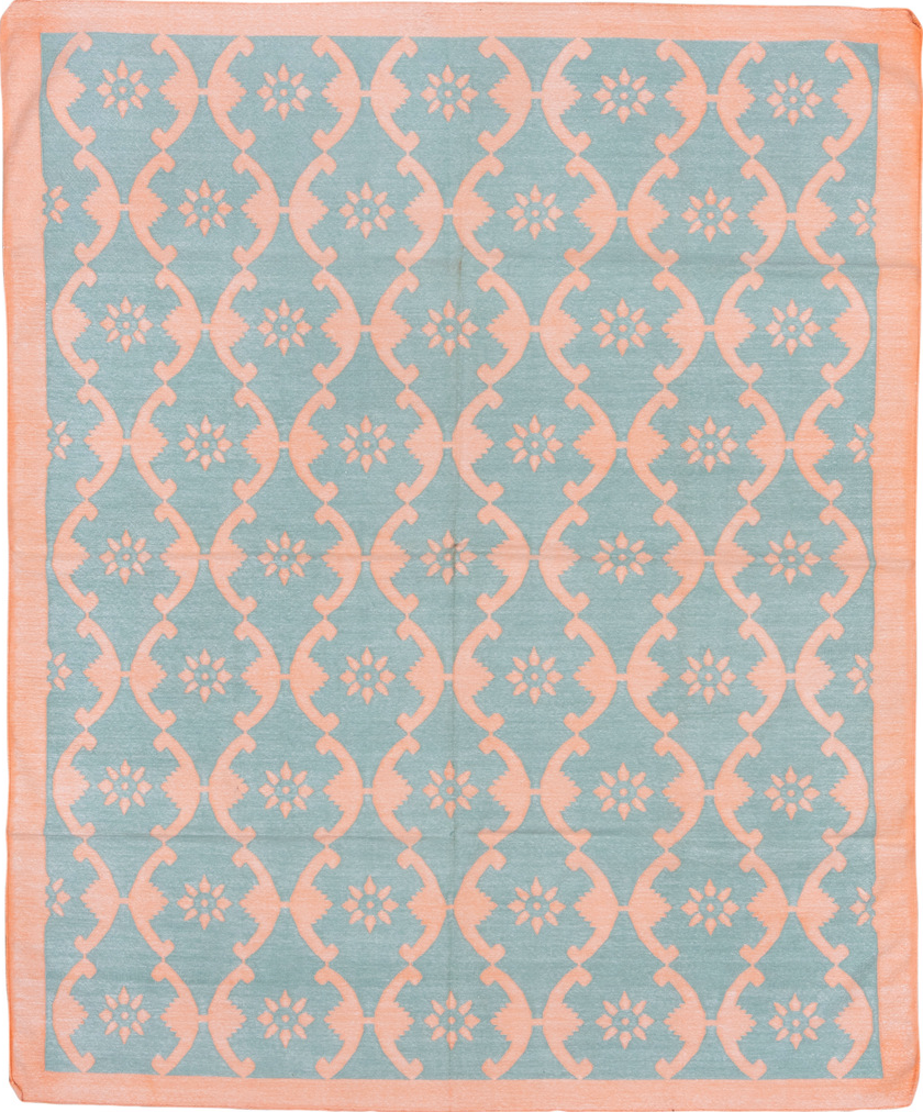 8' x 9' one-of-a-kind handmade vintage Dhurrie rug. Color palette: blue, dark gray, gray, light blue, light gray, off-white