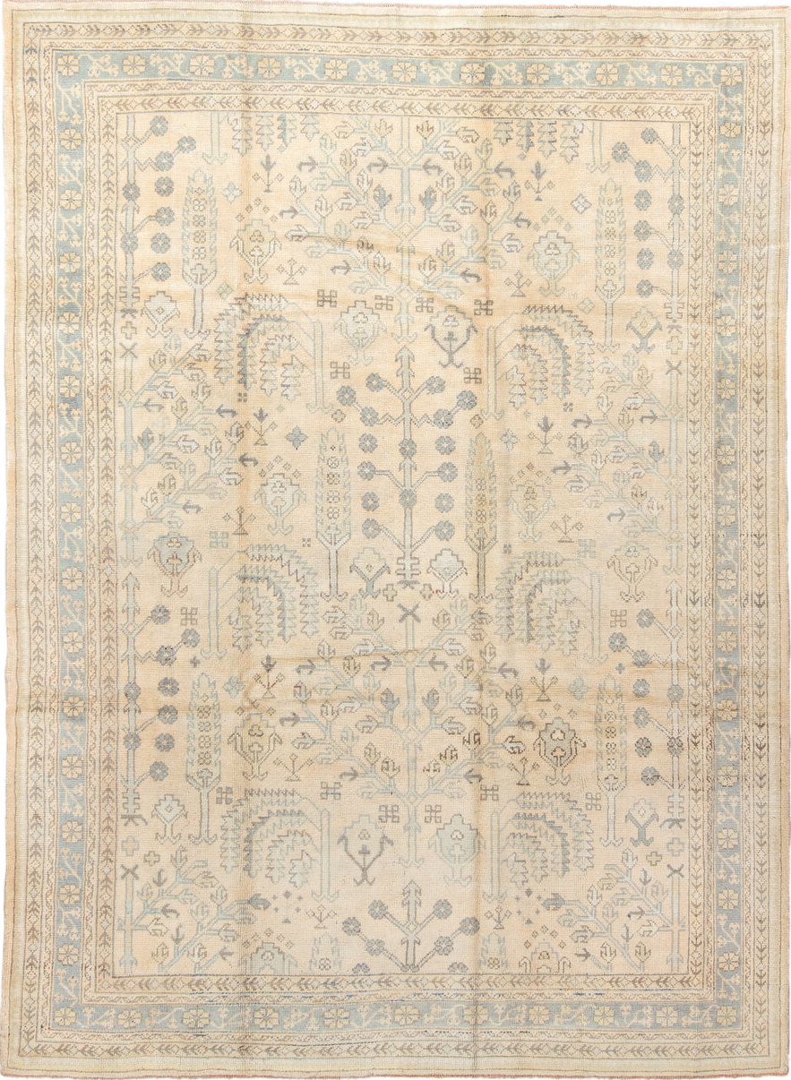8' x 11' one-of-a-kind handmade vintage Oushak large size rug. Color palette: brown, gray, light gray, off-white, orange