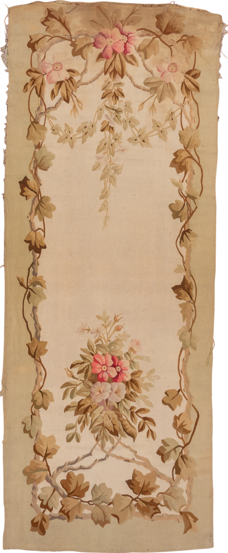 3' x 8' one-of-a-kind handmade vintage Aubusson runner rug. Color palette: brown, dark salmon, gray, light gray, off-white