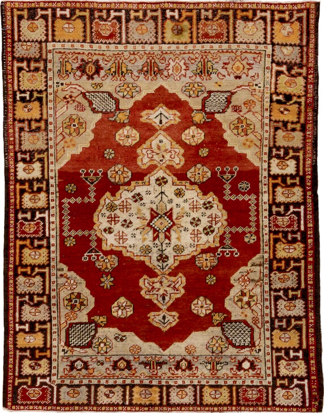 3' x 4' one-of-a-kind handmade vintage Oushak small size rug. Color palette: black, brown, maroon, off-white, orange, pink