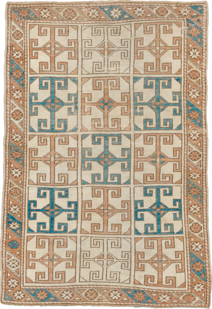 3' x 4' one-of-a-kind handmade vintage Oushak small size rug. Color palette: blue, brown, gray, light gray, off-white